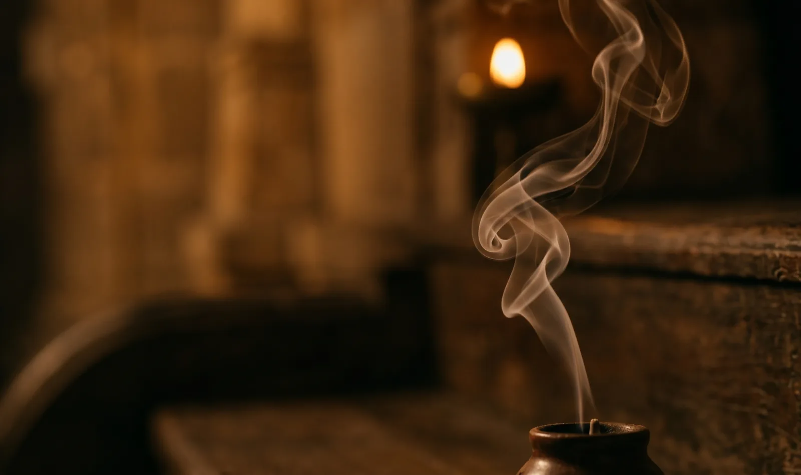 Incense smoke rising in a dim interior