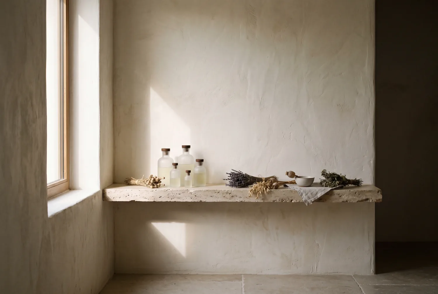 A sunlit plaster room with frosted ARKEN bottles and dried botanicals