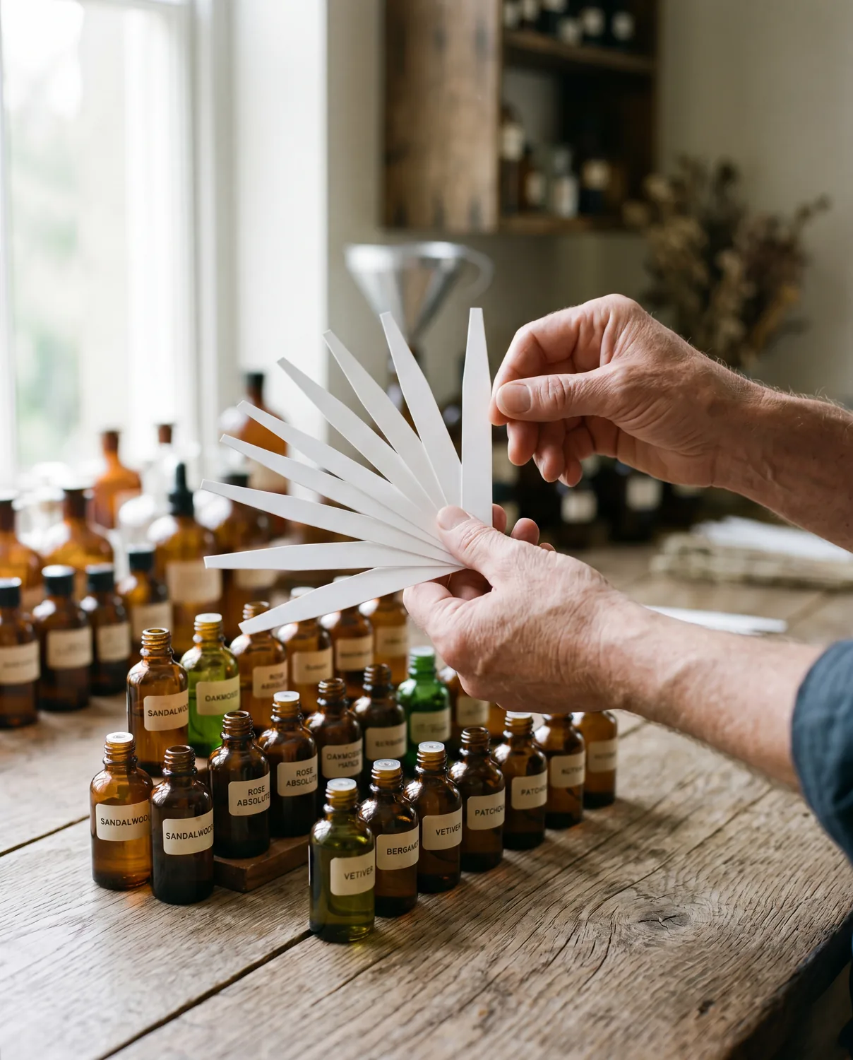 A perfumer's hands fanning scent blotters over an organ of amber bottles